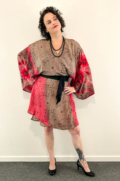 Short Upcycled Kimono Robe ~ Gerbera Goddess