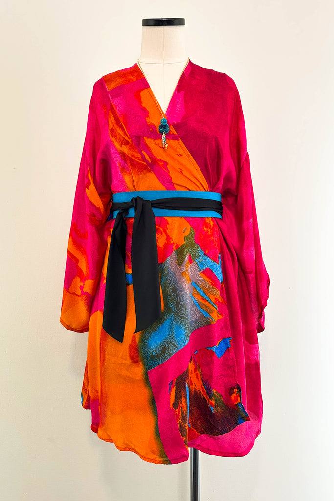 Short Upcycled Kimono Robe ~ Magenta Mosaic