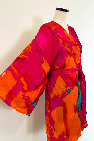 Short Upcycled Kimono Robe ~ Magenta Mosaic