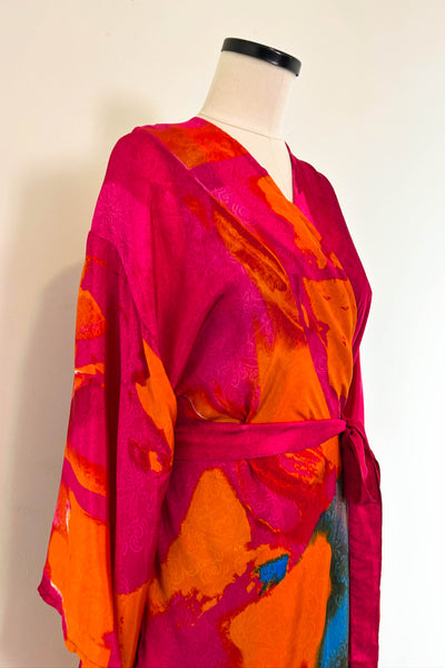 Short Upcycled Kimono Robe ~ Magenta Mosaic