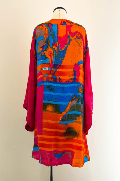 Short Upcycled Kimono Robe ~ Magenta Mosaic