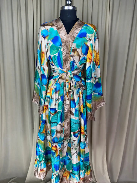 Recycle Silk Kimono Flowy Gown House Robe Boho Beach Coverup
