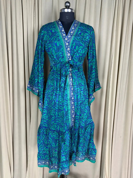 Recycle Silk Kimono Flowy Gown House Robe Boho Beach Coverup