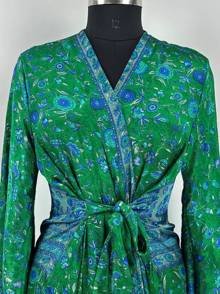 Recycle Silk Kimono Flowy Gown House Robe Boho Beach Coverup