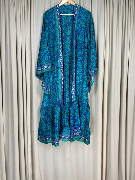 Recycle Silk Kimono Flowy Gown House Robe Boho Beach Coverup