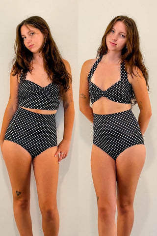 A woman modeling a two-piece swimsuit in a split-screen format, showing front and back views. The swimsuit is black with a white polka dot pattern, featuring a halter top and high-waisted bottoms. Vintage High Waisted Bikini Set