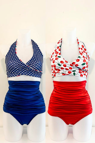 Gina Top in White Cherry & Navy Dot