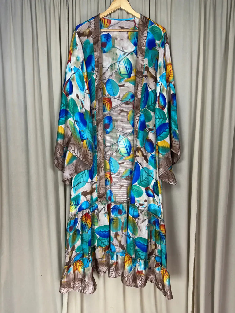 Recycle Silk Kimono Flowy Gown House Robe Boho Beach Coverup