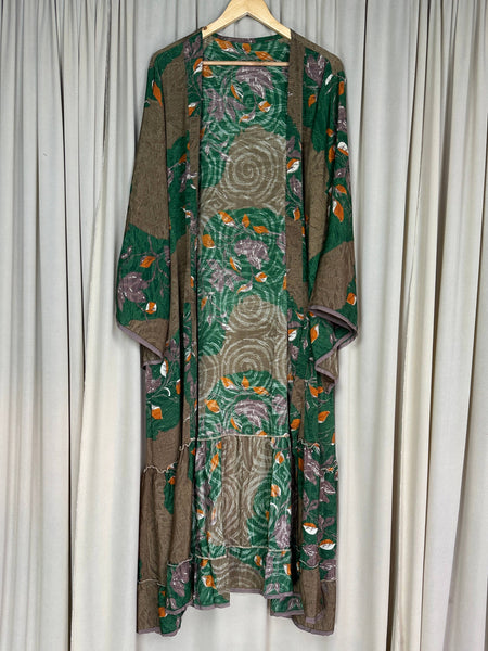Recycle Silk Kimono Flowy Gown House Robe Boho Beach Coverup