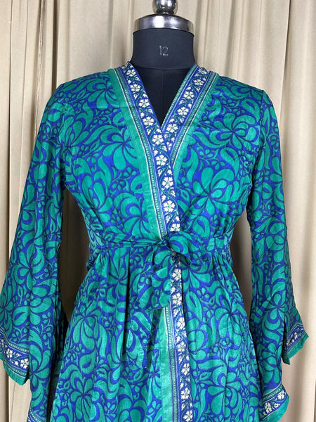 Recycle Silk Kimono Flowy Gown House Robe Boho Beach Coverup