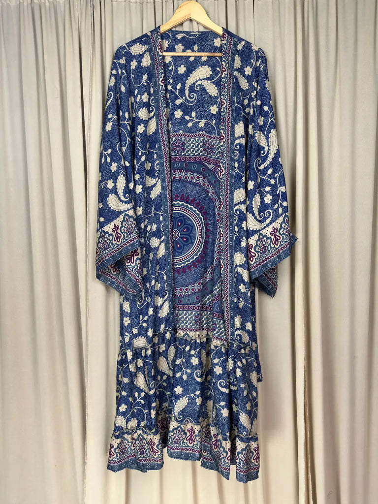 Recycle Silk Kimono Flowy Gown House Robe Boho Beach Coverup