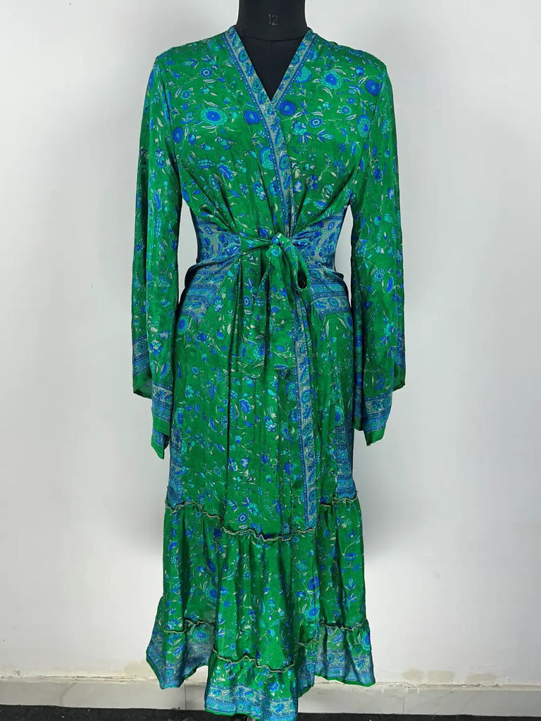 Recycle Silk Kimono Flowy Gown House Robe Boho Beach Coverup