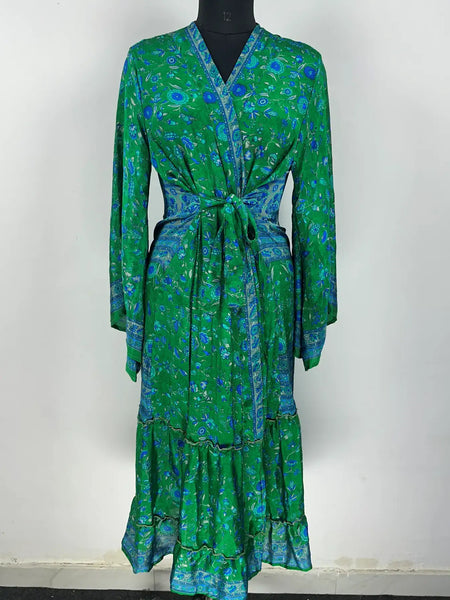Recycle Silk Kimono Flowy Gown House Robe Boho Beach Coverup