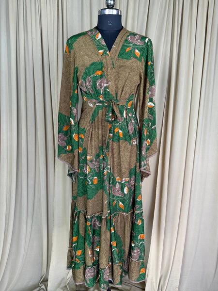 Recycle Silk Kimono Flowy Gown House Robe Boho Beach Coverup