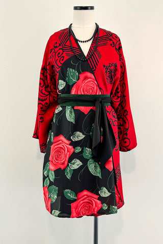 Short Kimono Robe Upcycled ~ Roses
