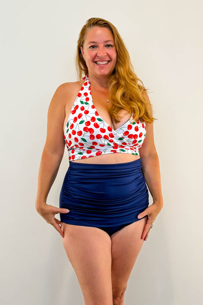 Gina Top in White Cherry & Navy Dot