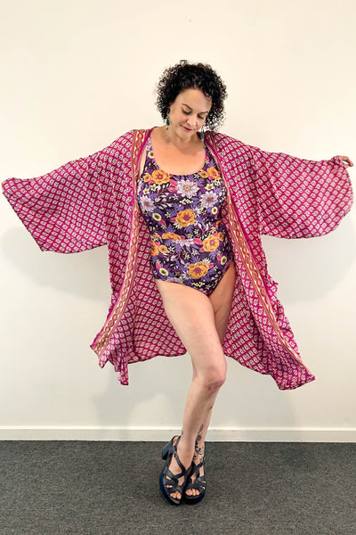 Short Upcycled Kimono Robe ~ Plum Prism