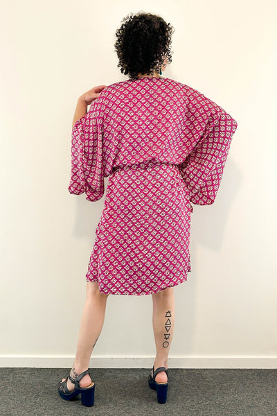 Short Upcycled Kimono Robe ~ Plum Prism