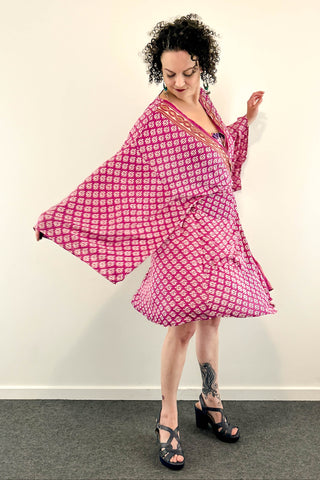 Short Upcycled Kimono Robe ~ Plum Prism