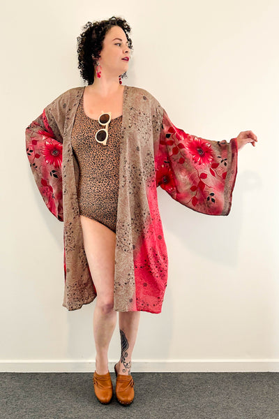 Short Upcycled Kimono Robe ~ Gerbera Goddess