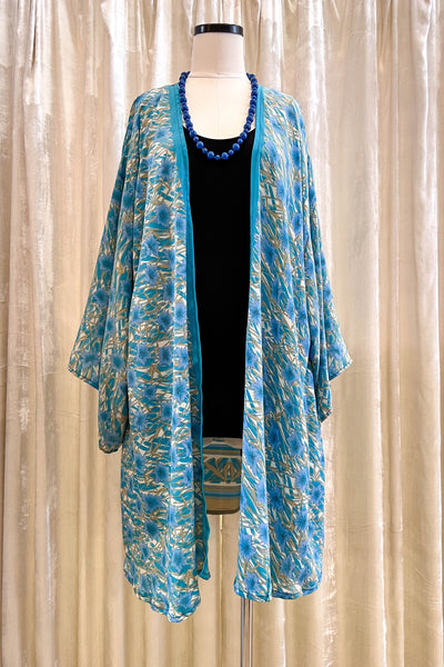 Short Kimono Robe Upcycled ~ Aqua Flora