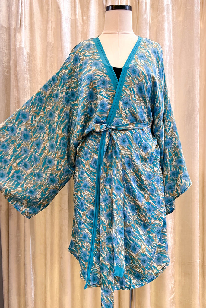 Short Kimono Robe Upcycled ~ Aqua Flora