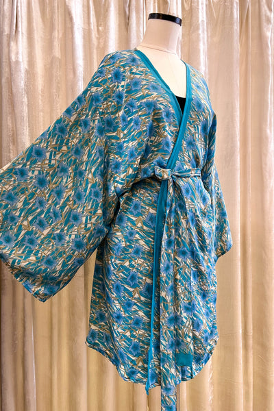 Kimono Short Upcycled Robe ~ Aqua Flora