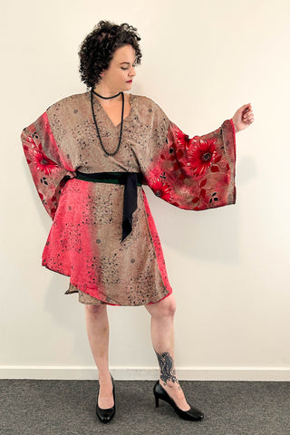 Short Upcycled Kimono Robe ~ Gerbera Goddess