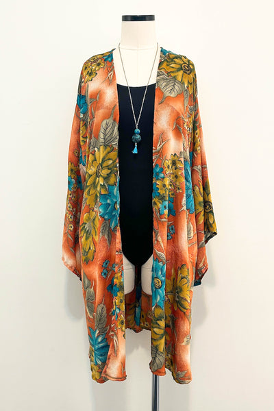 Short Upcycled Kimono Robe ~ Apricot Sky