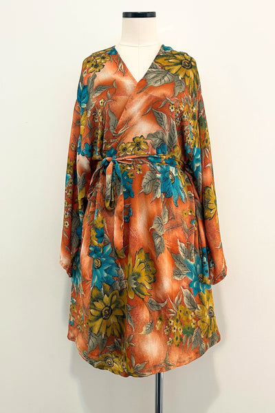 Short Upcycled Kimono Robe ~ Apricot Sky
