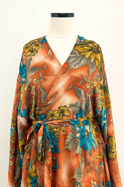 Short Upcycled Kimono Robe ~ Apricot Sky