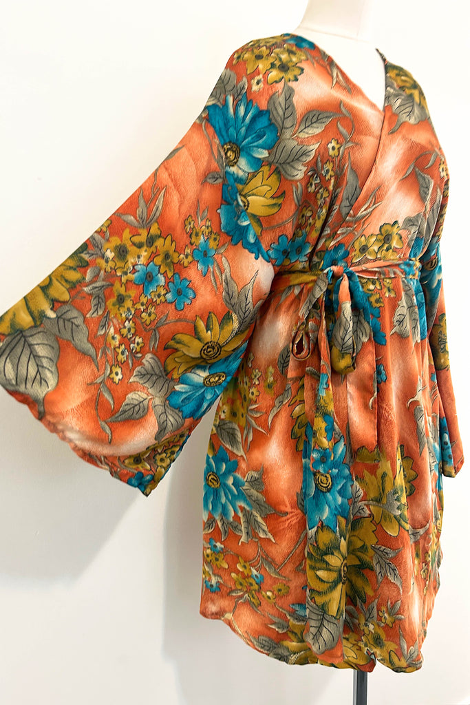 Short Upcycled Kimono Robe ~ Apricot Sky