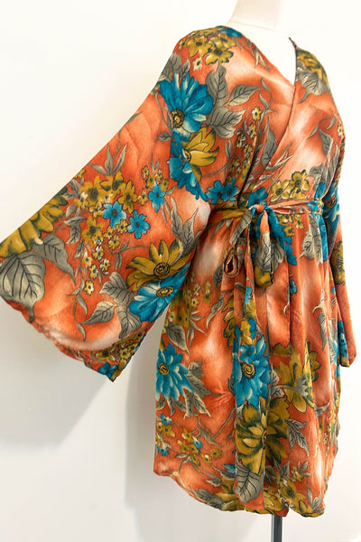 Short Upcycled Kimono Robe ~ Apricot Sky