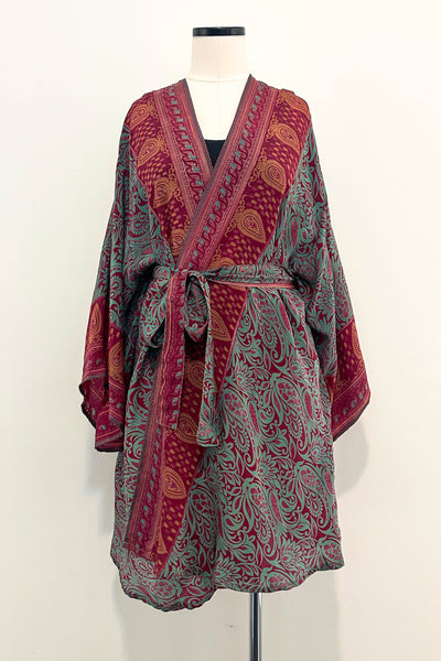 Short Upcycled Kimono Robe ~ Wild Hibiscus