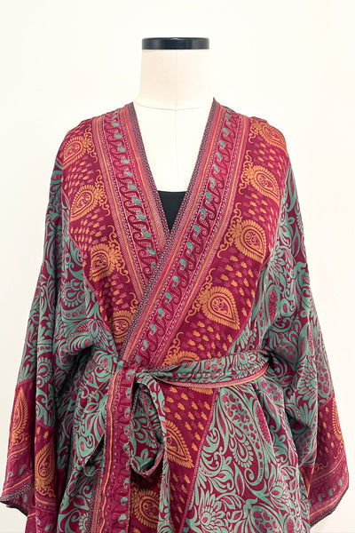 Short Upcycled Kimono Robe ~ Wild Hibiscus