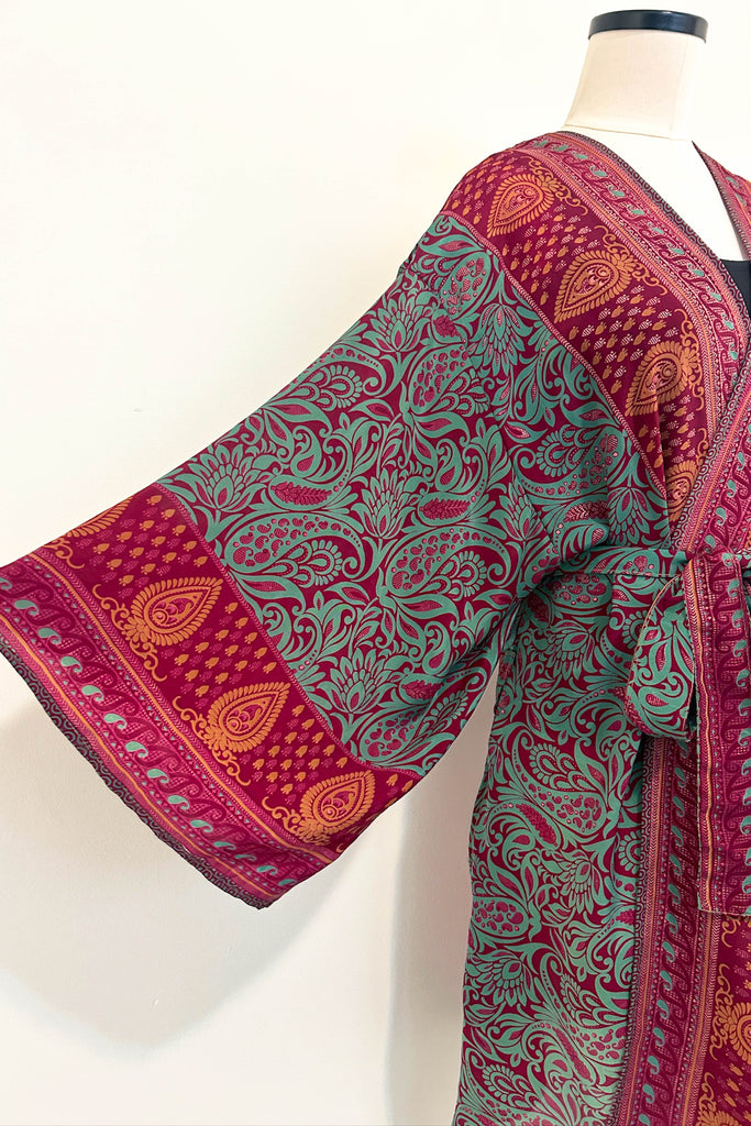 Short Upcycled Kimono Robe ~ Wild Hibiscus