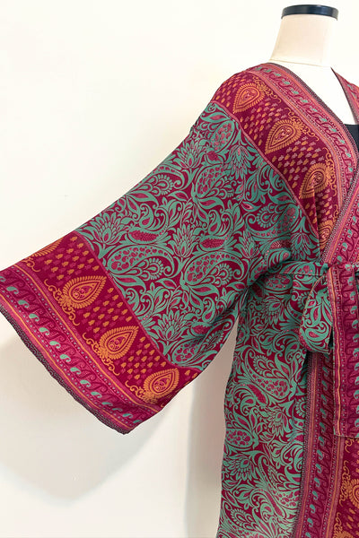 Short Upcycled Kimono Robe ~ Wild Hibiscus