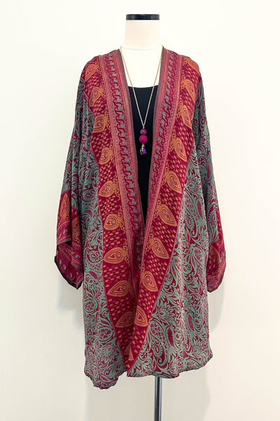 Short Upcycled Kimono Robe ~ Wild Hibiscus