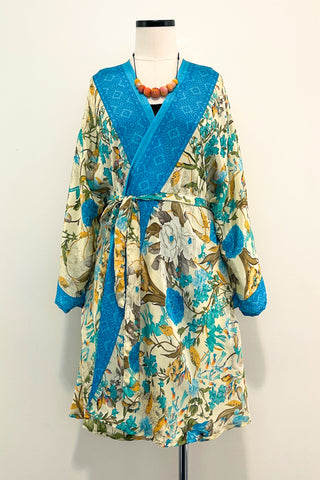 Short Upcycled Kimono Robe ~ Morning Garden