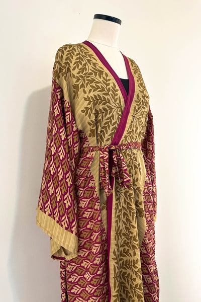 Long Upcycled Kimono Robe ~ Golden Laurel