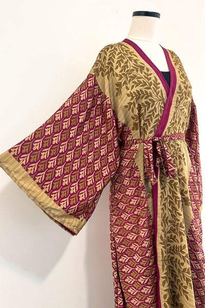 Long Upcycled Kimono Robe ~ Golden Laurel