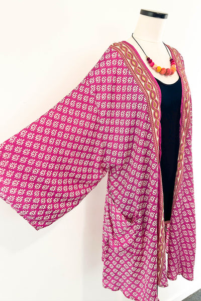 Short Upcycled Kimono Robe ~ Plum Prism