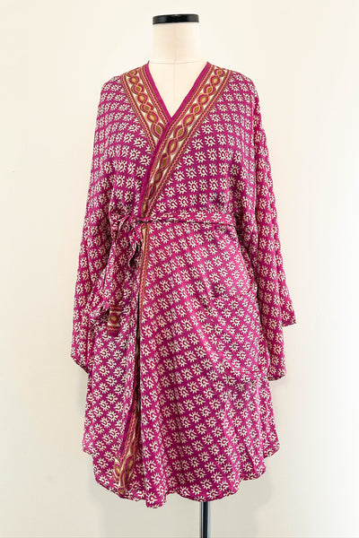 Short Upcycled Kimono Robe ~ Plum Prism