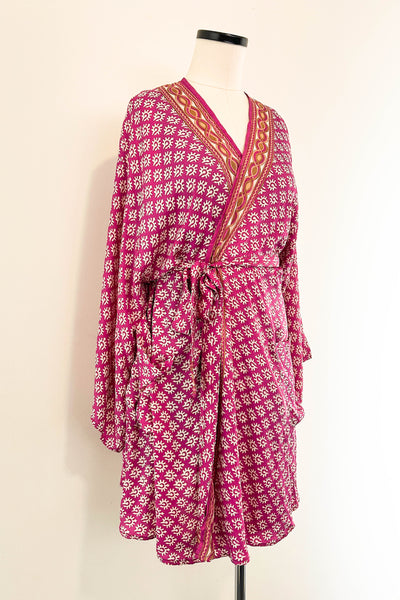 Short Upcycled Kimono Robe ~ Plum Prism