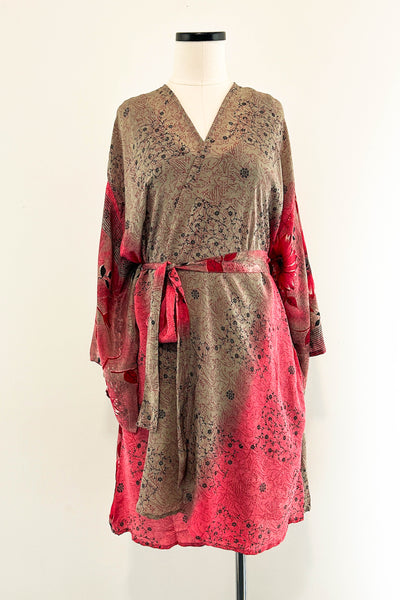 Short Upcycled Kimono Robe ~ Gerbera Goddess