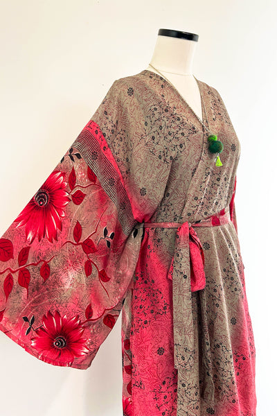 Short Upcycled Kimono Robe ~ Gerbera Goddess
