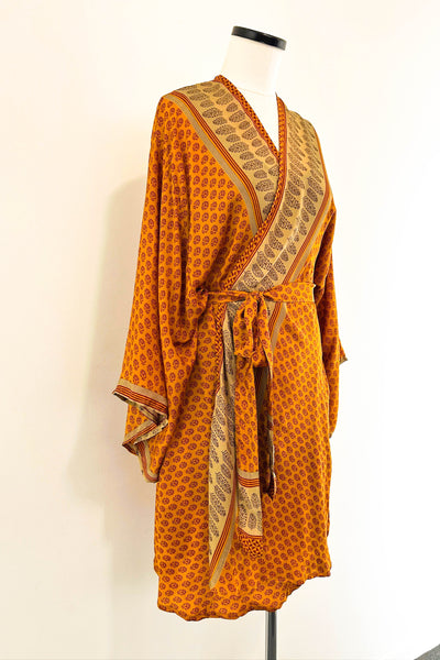 Short Upcycled Kimono Robe ~ Fields of Gold
