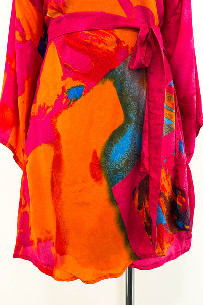 Short Upcycled Kimono Robe ~ Magenta Mosaic