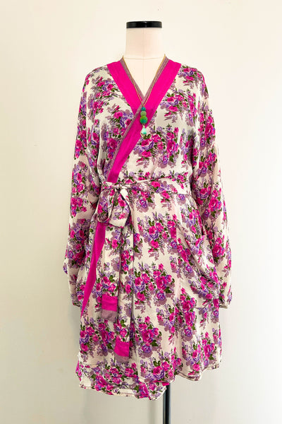 Short Upcycled Kimono Robe ~ Rose Reverie