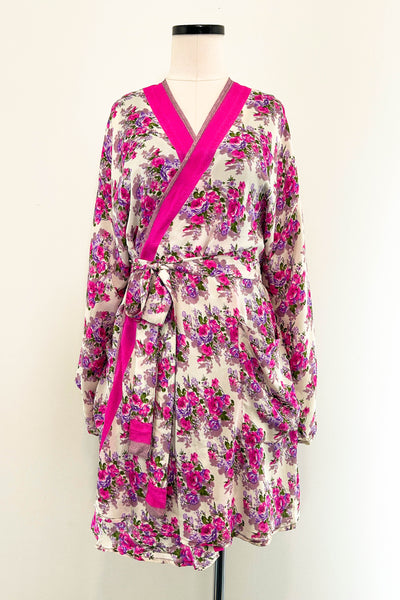 Short Upcycled Kimono Robe ~ Rose Reverie